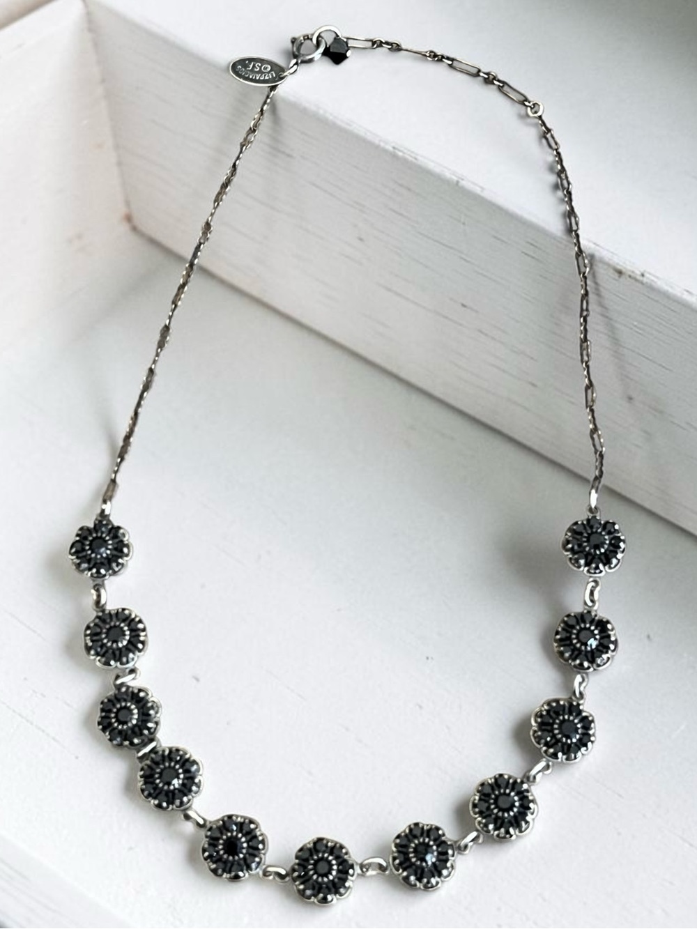 Liz Palacios Necklace Silver Tone Black Swarovski Crystal Floral Medallions